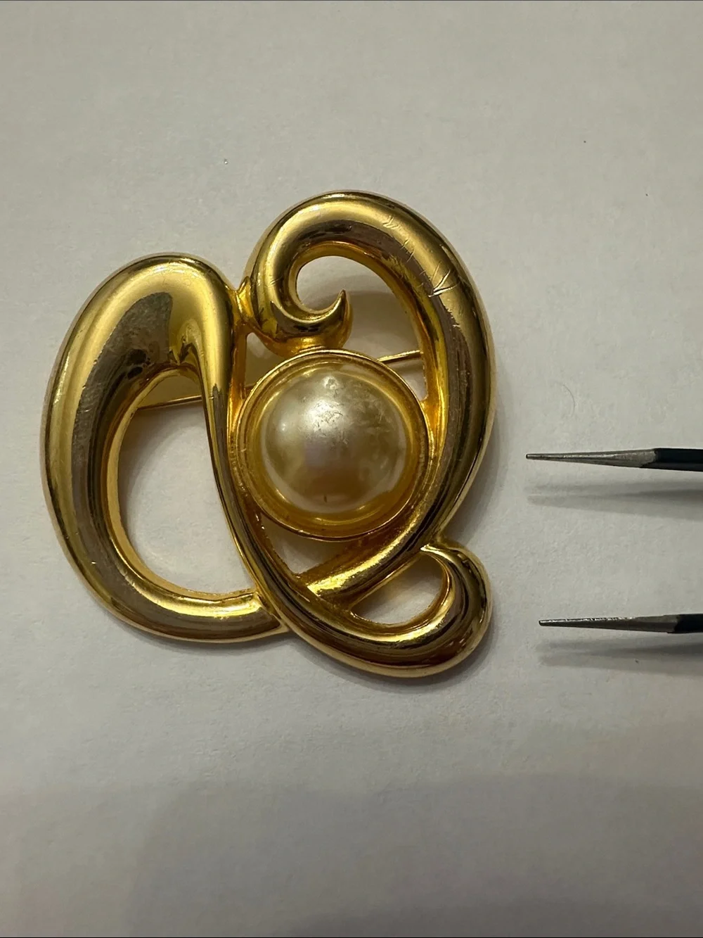 Gold-Tone Swirl Brooch with Pearl Center - Women Jewelry